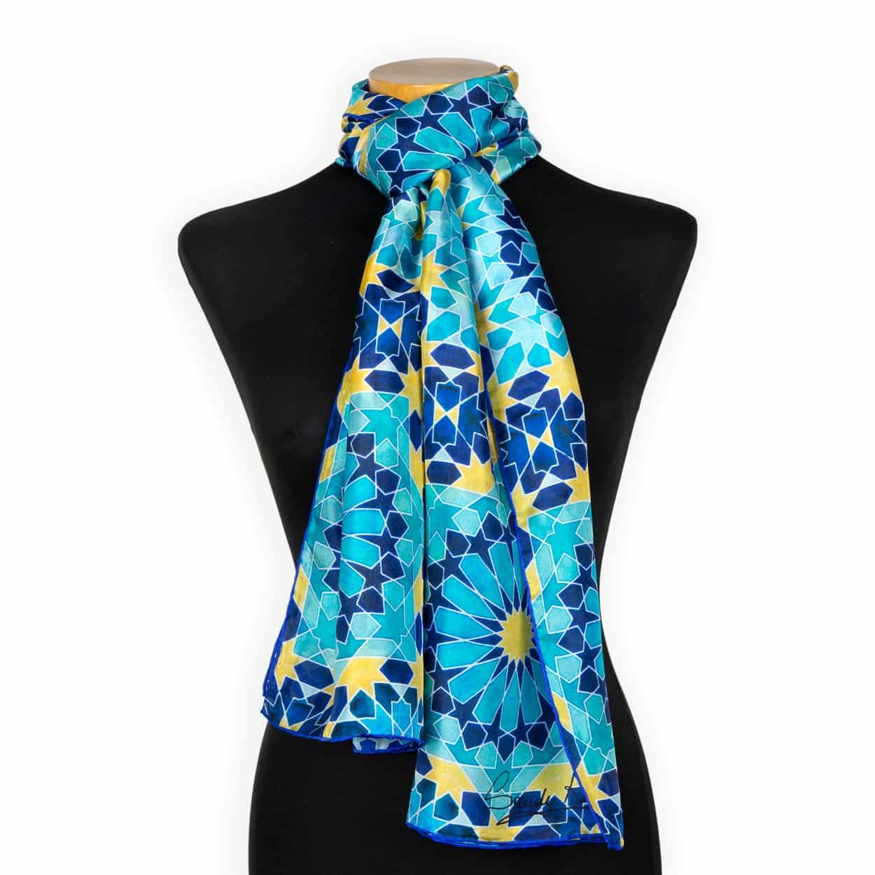 Blue silk scarf with Islamic Art Print designed by Sandy Kurt