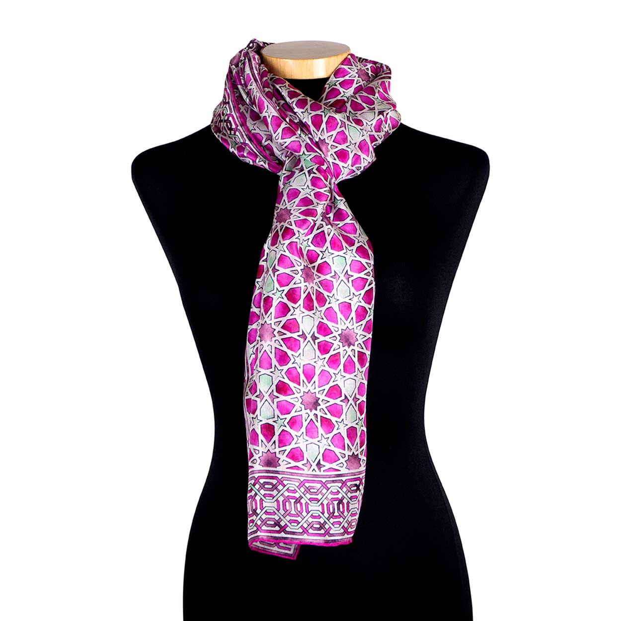 Pink neckerchief with geometric print inspired by Islamic Art