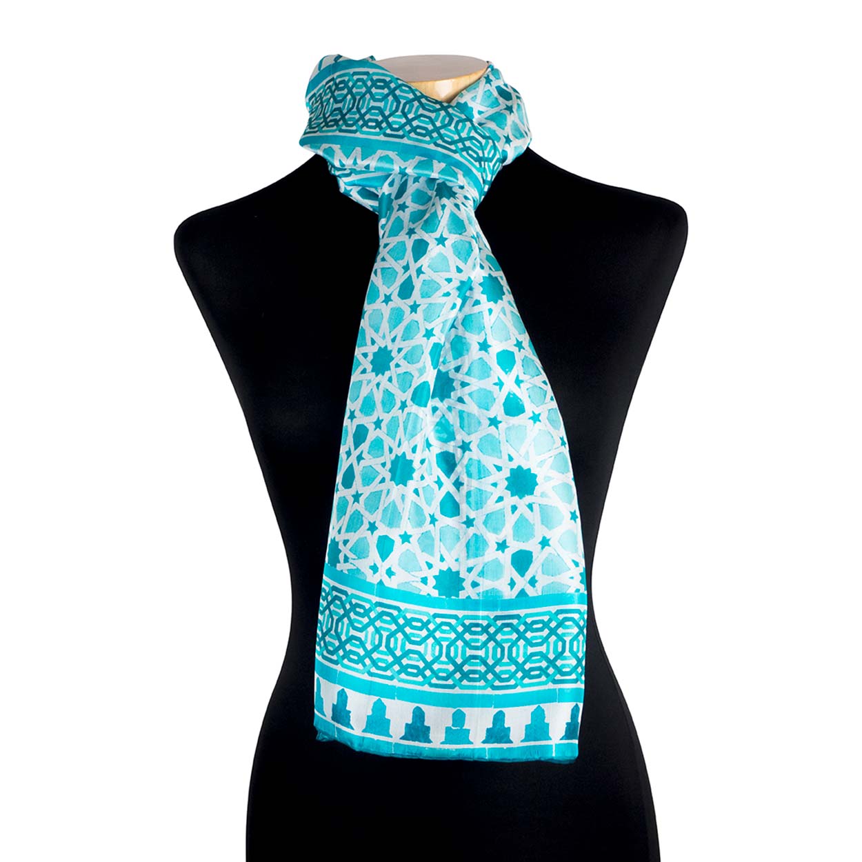 Blue silk neckerchief inspired by Alhambra Palace mosaic tiles
