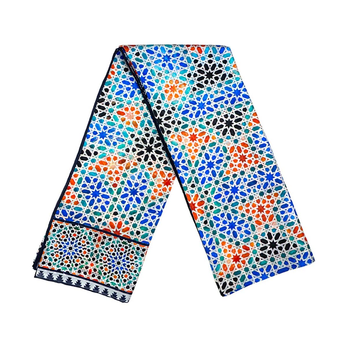 Multicolored silk scarf featuring Islamic Art print