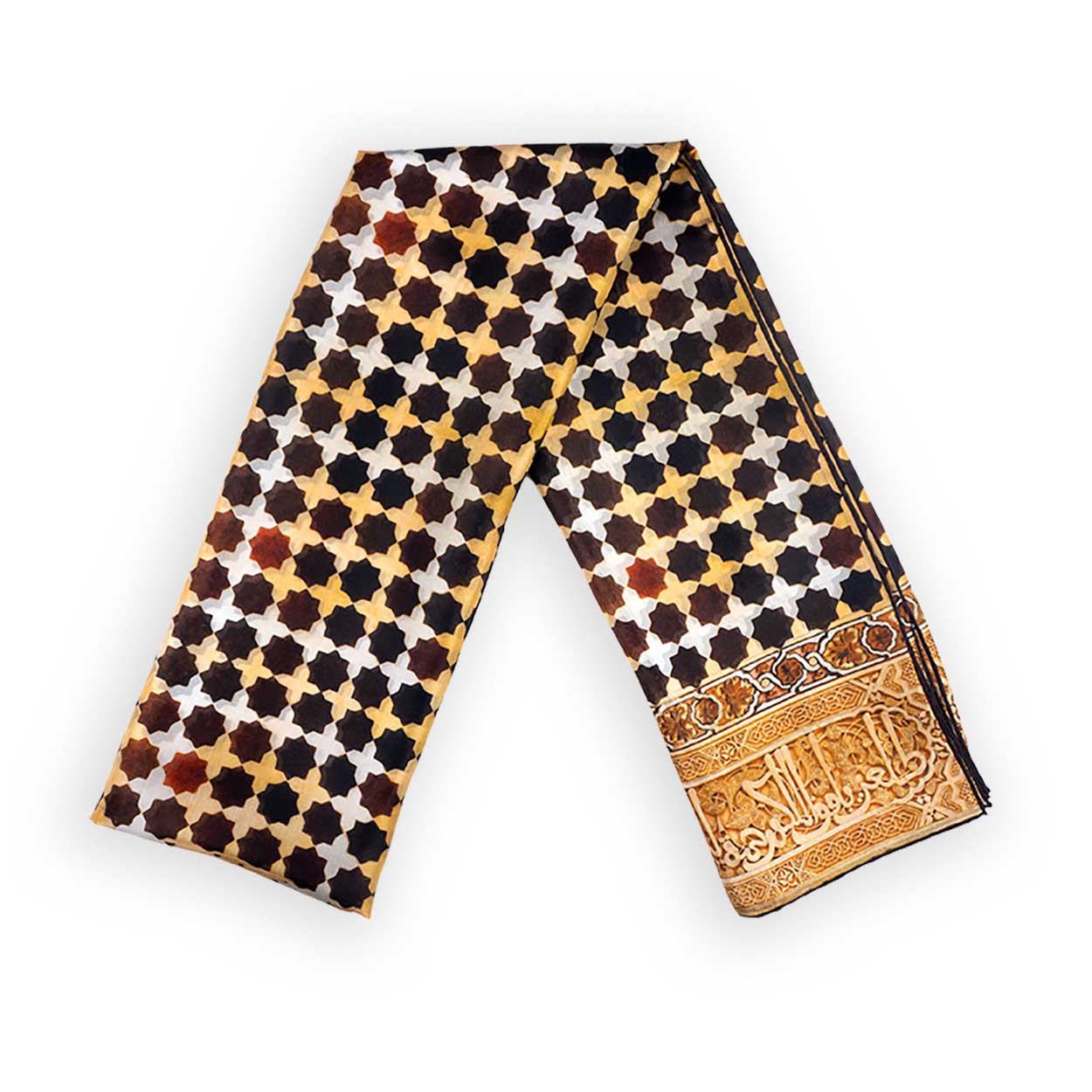 Pañuelo de seda marrón con estampado geométrico