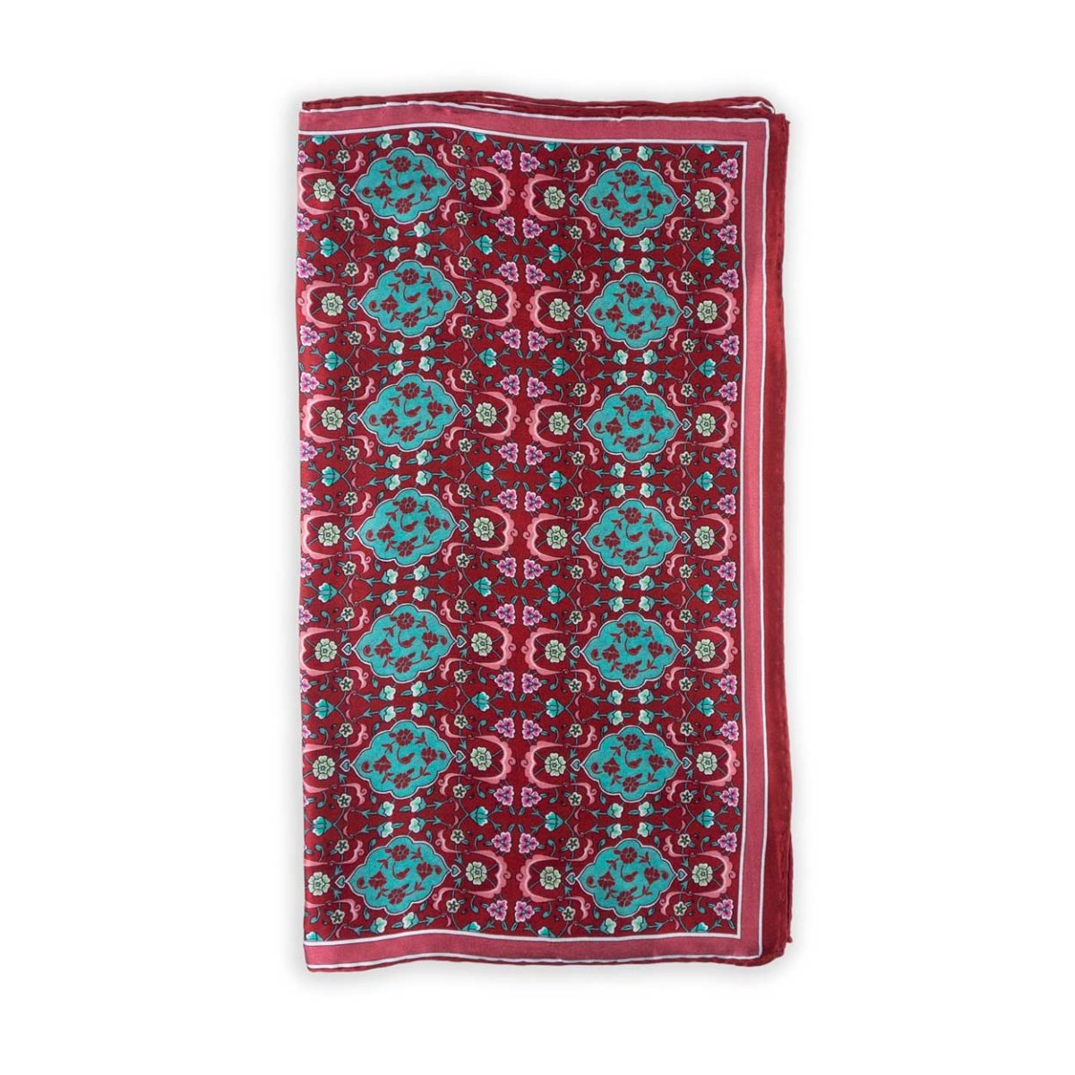 Red silk scarf with floral print inspired by Turkish Art