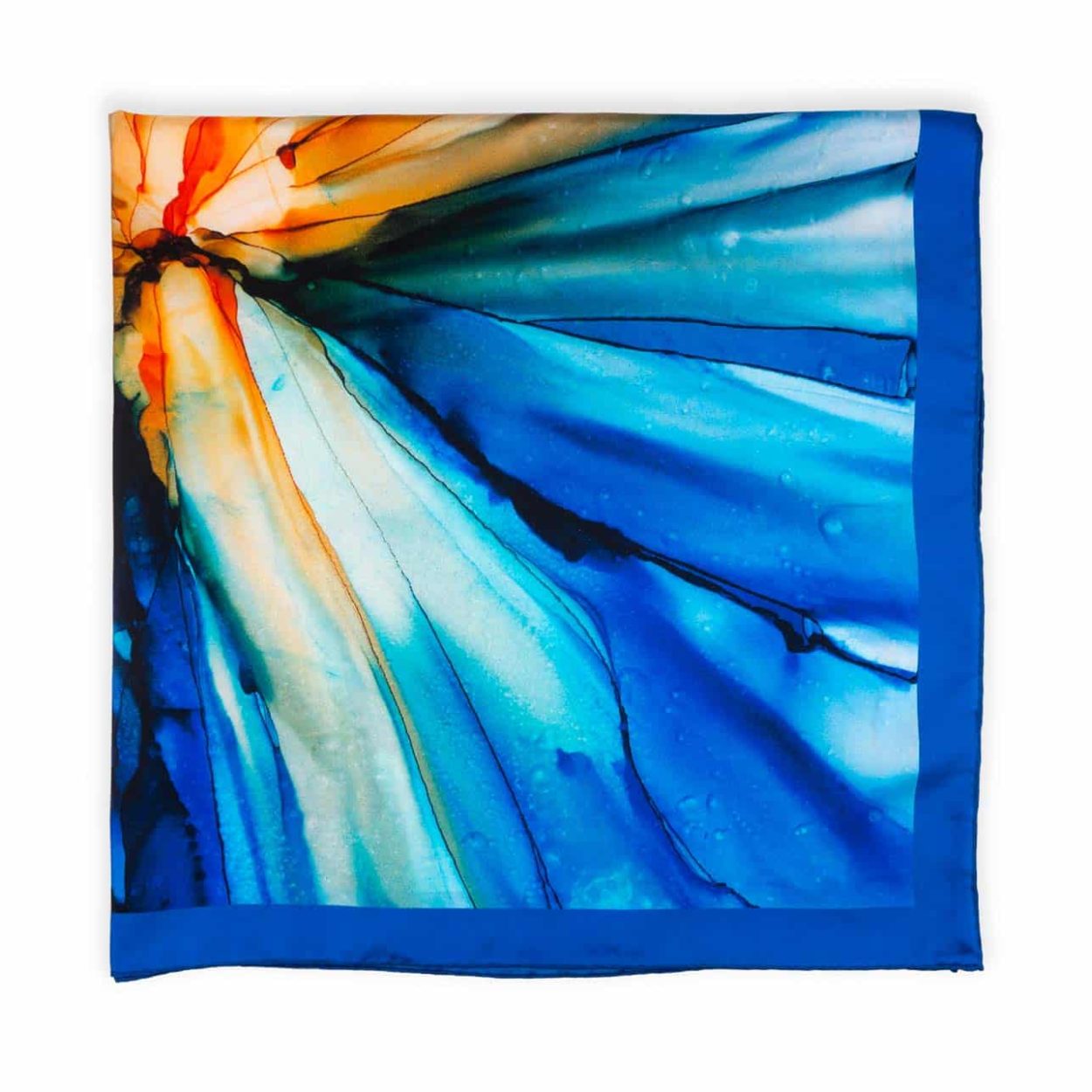 Blue square scarf with orange shades with fluid art print