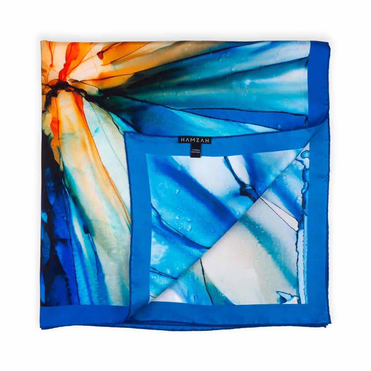 Blue silk scarf with fluid art print