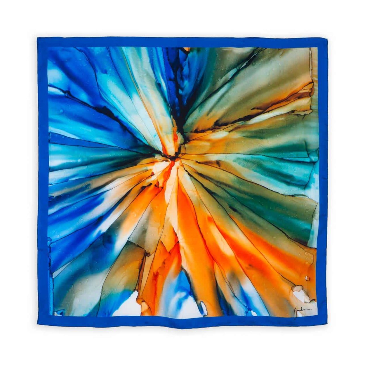 Large square scarf with blue and orange fluid art print