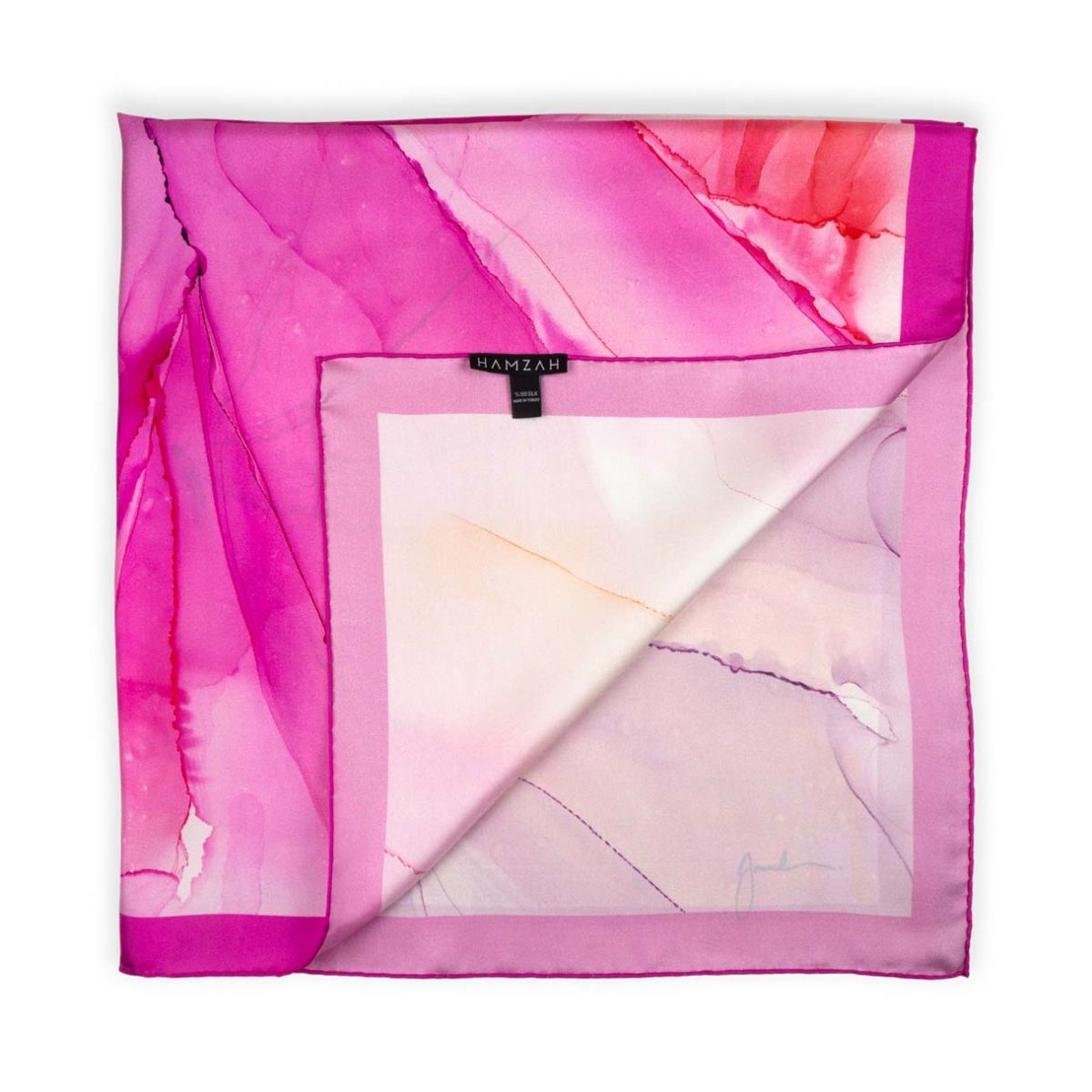 Detail of square silk scarf with pink color