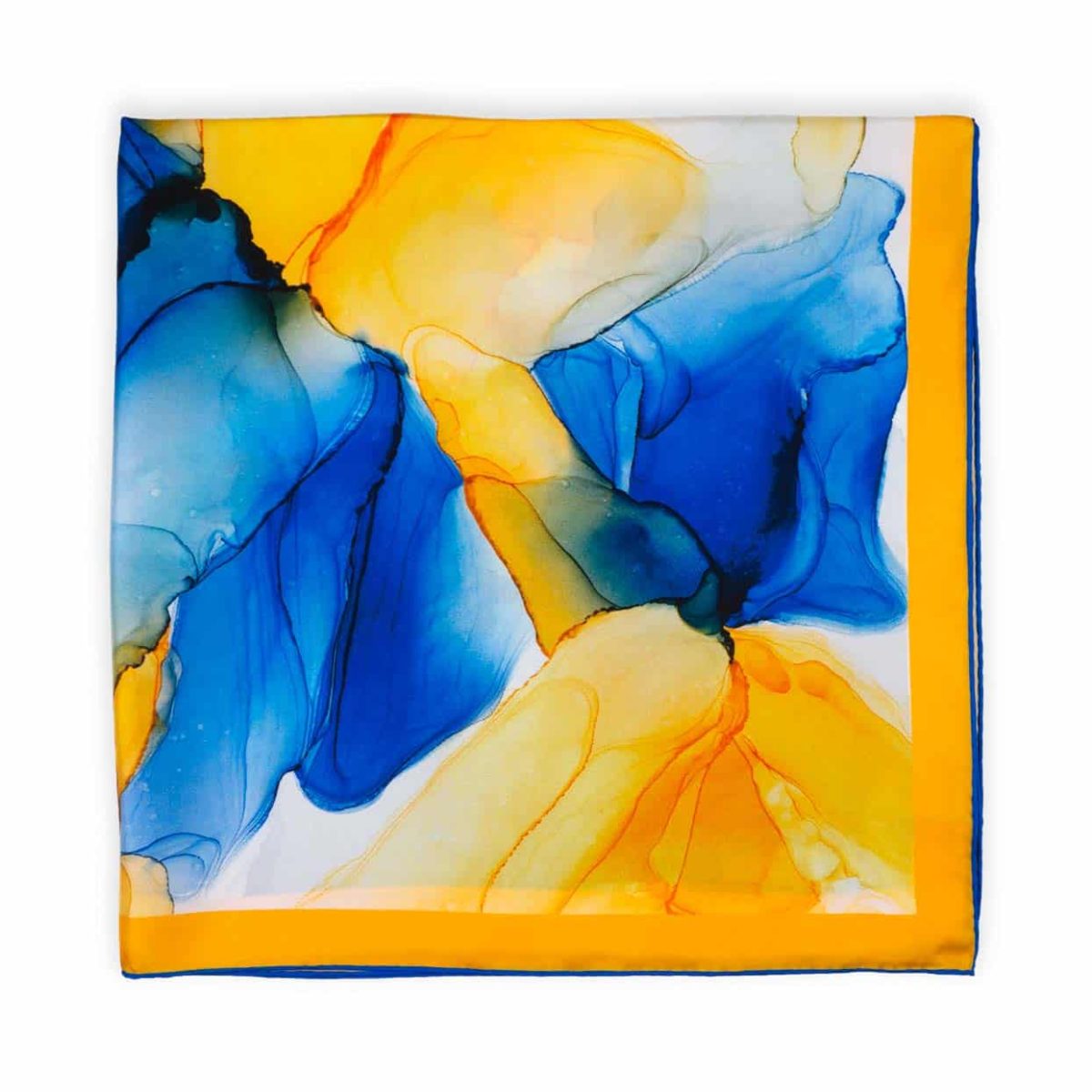 Yellow and blue square silk scarf with art nouveau print