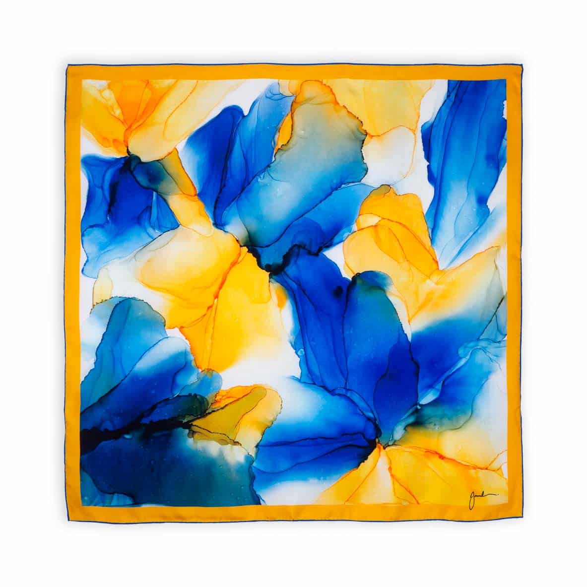 Big square silk scarf with blue and yellow fluid art print
