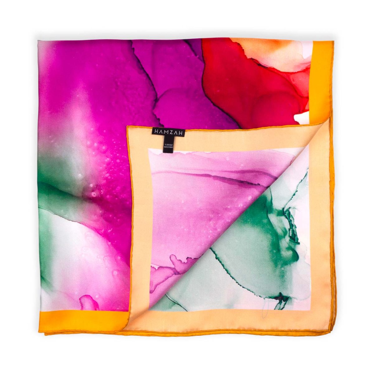Pañuelo de seda cuadrado amarillo y rosa