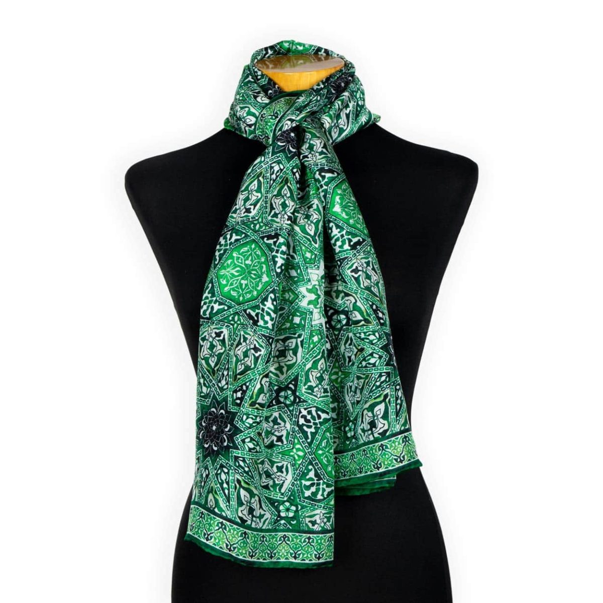 Green silk scarf for women with turkish art inspired print