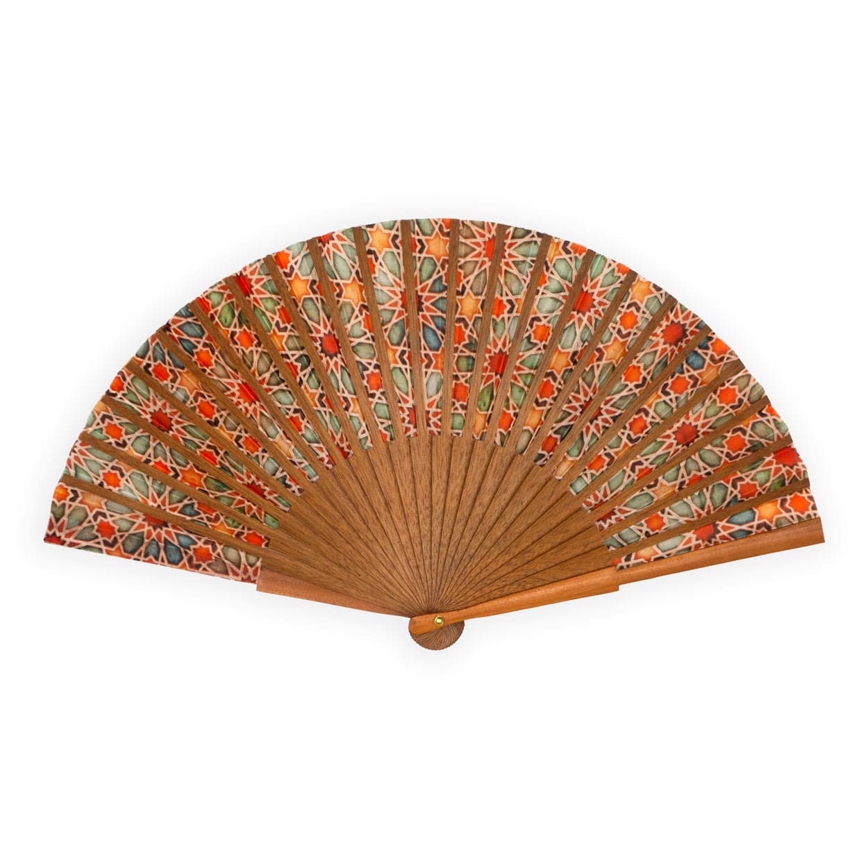 Orange silk folding fan inspired by Andalusian tiles