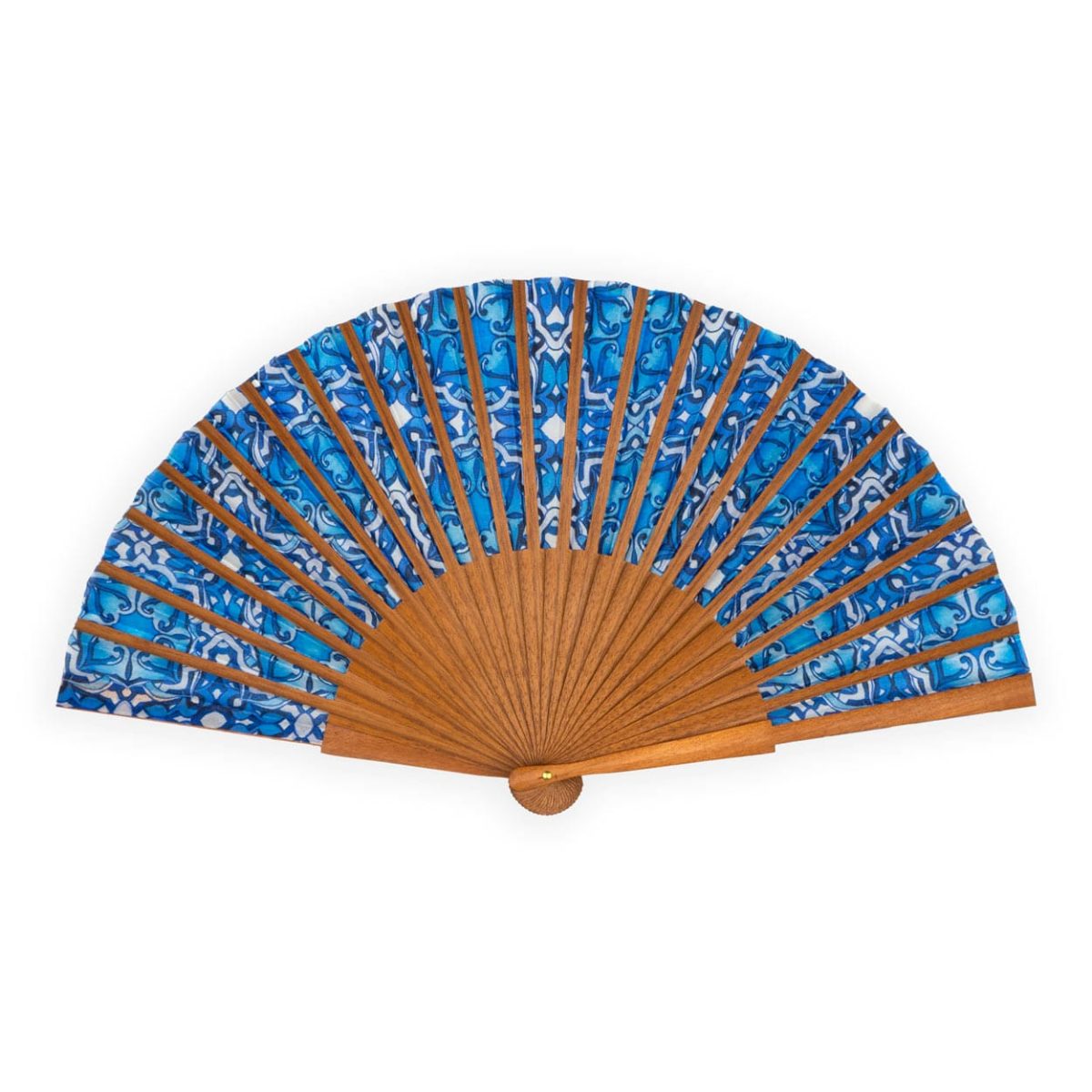 Blue silk fan inspired by moorish art