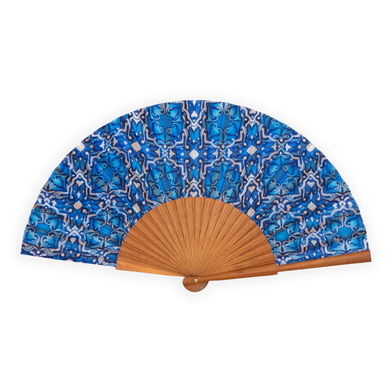 Blue hand fan inspired by Islamic art tiles