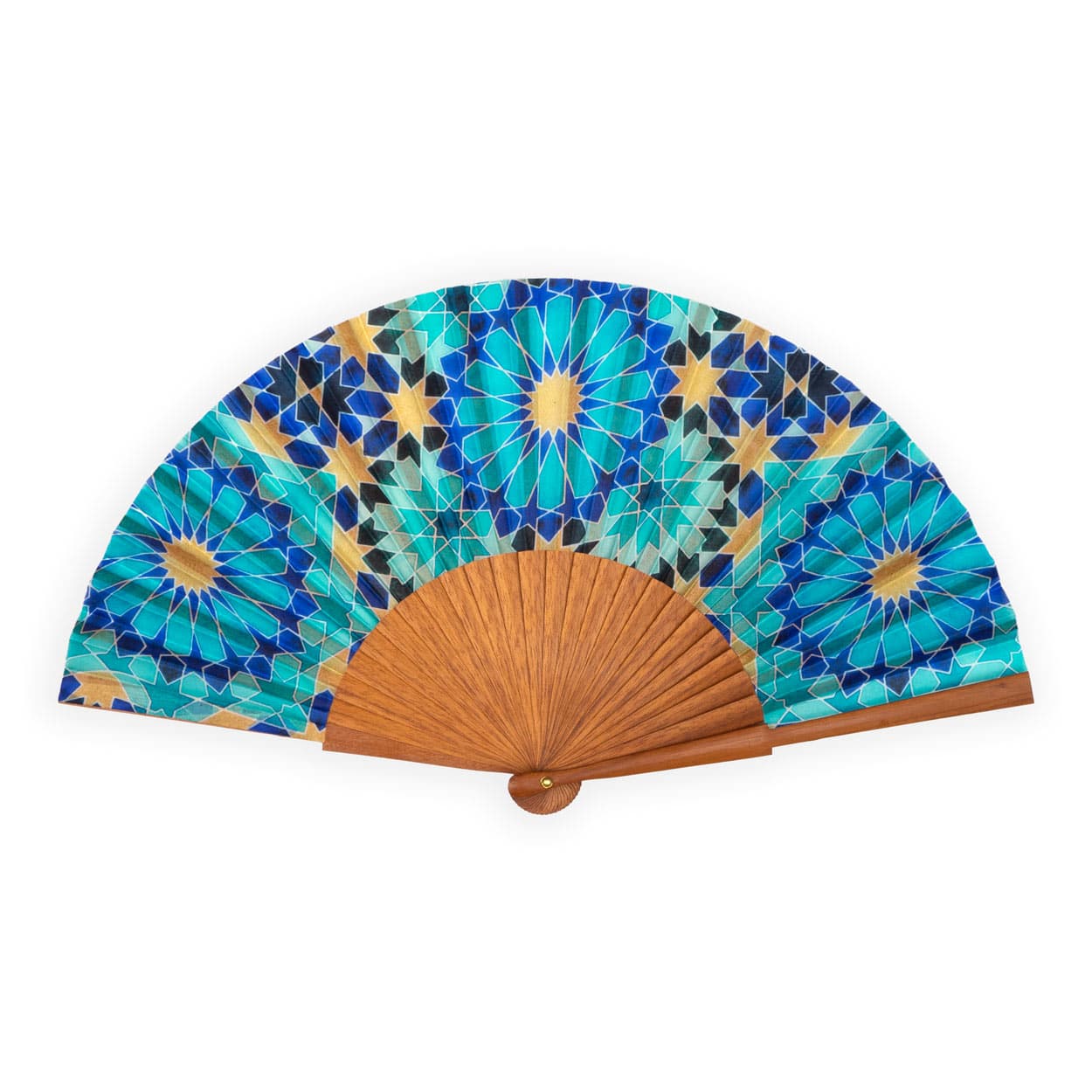Blue and gold silk fan designed by Sandy Kurt