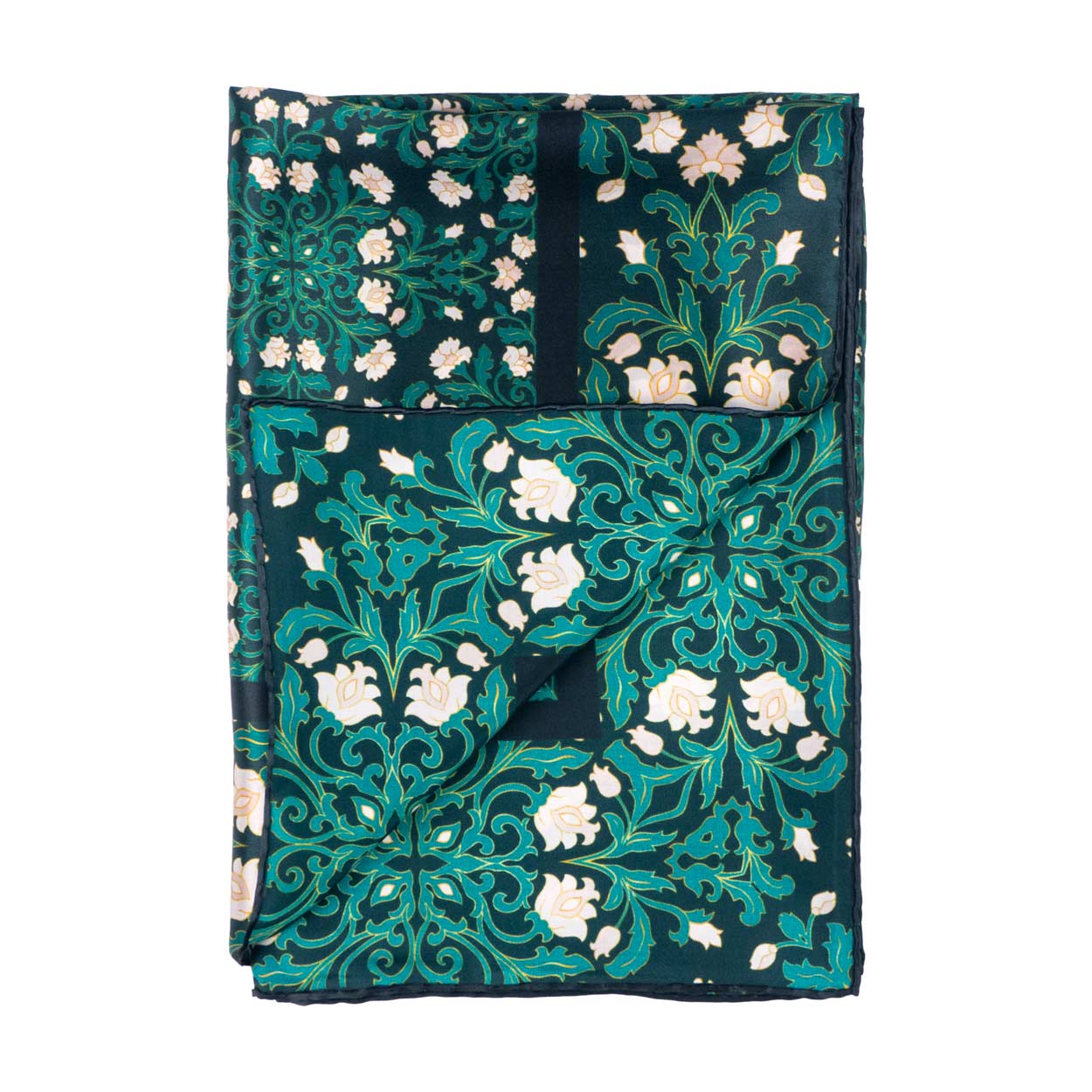 Details of green scarf with floral print inspired by Art Nouveau