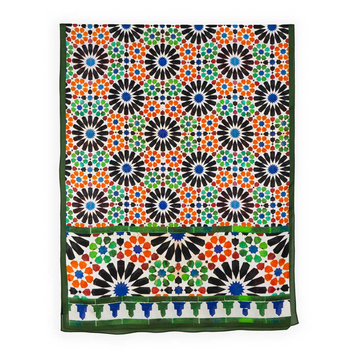 Large scarf with orange and green print inspired by Andalusian tiles