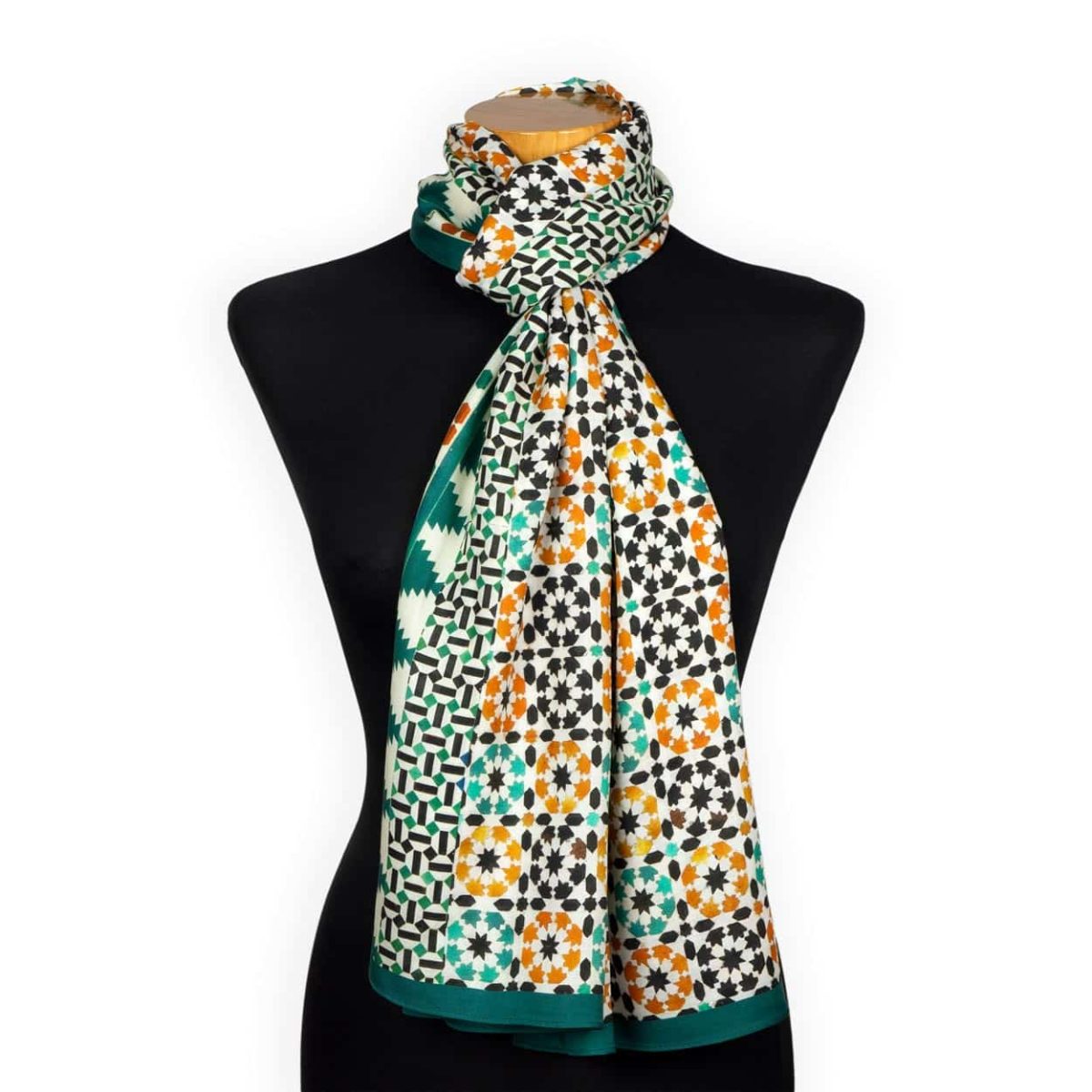 Green and orange scarf inspired by islamic tiles from the Alhambra Palace