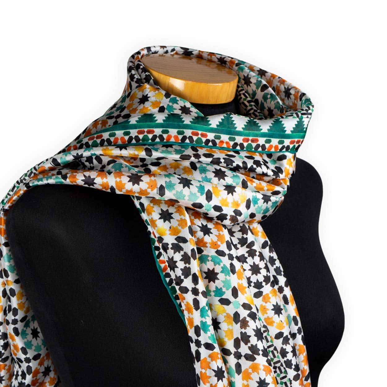 Green silk scarf with orange shades inspired by the Alhambra Palace