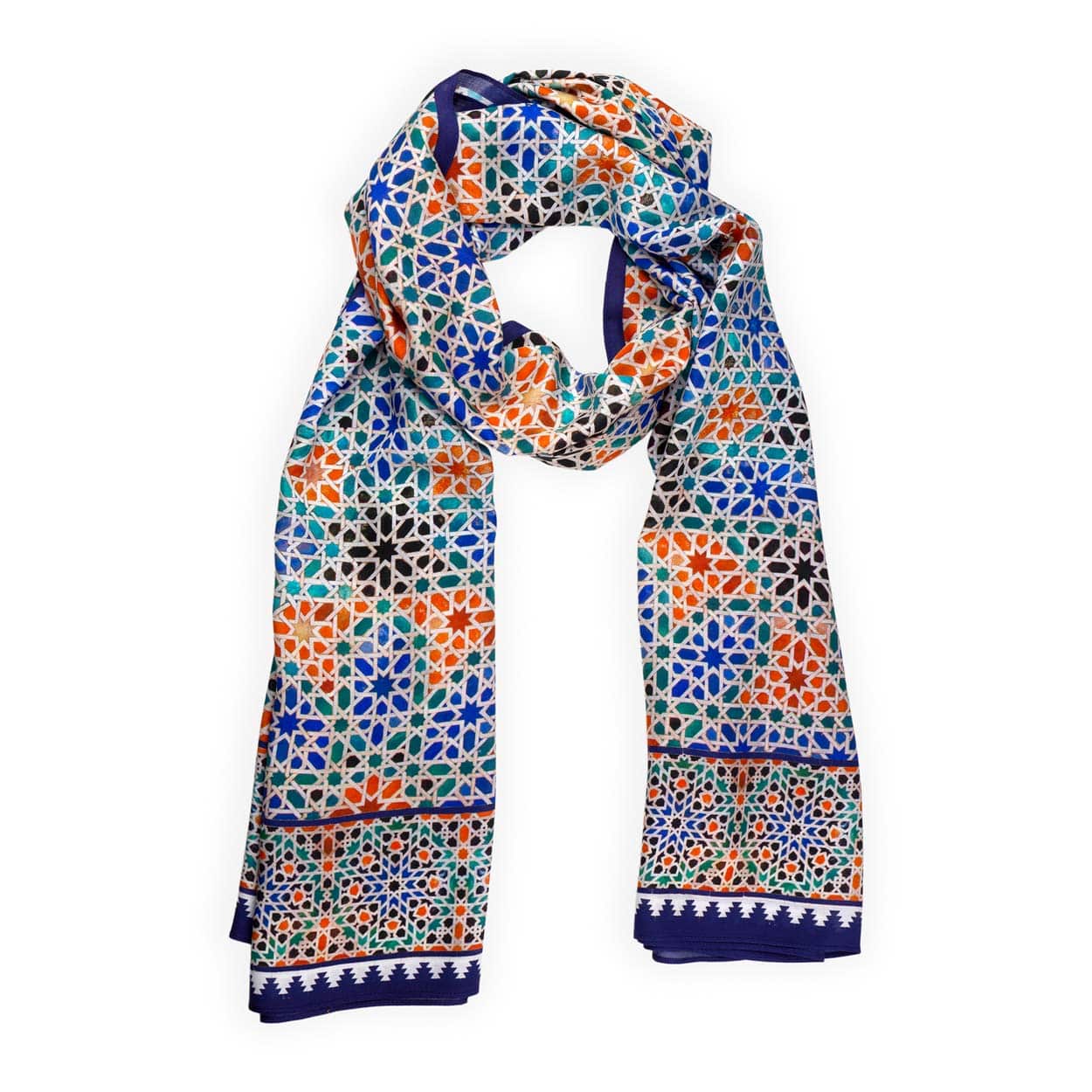 Large scarf with multicolor print inspired by moroccan mosaic tiles