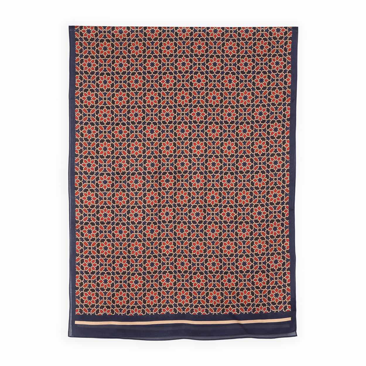Large scarf for women with red and blue print featuring Alhambra Palace tiles