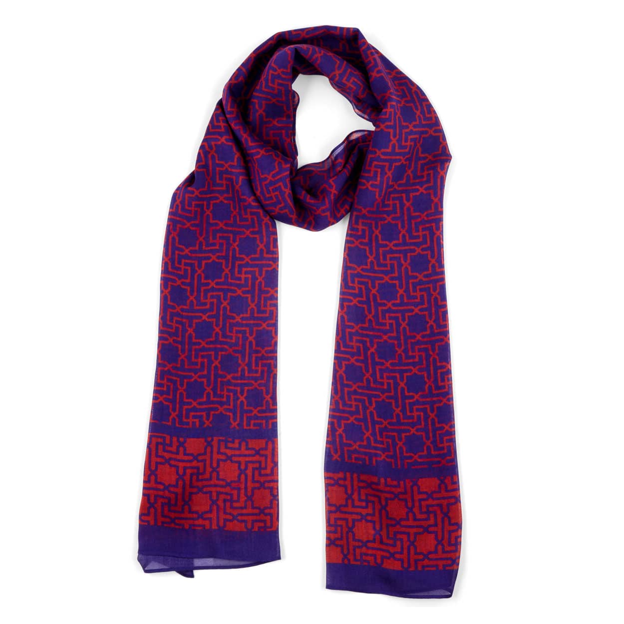 Blue and red scarf with print inspired by the Alhambra of Granada