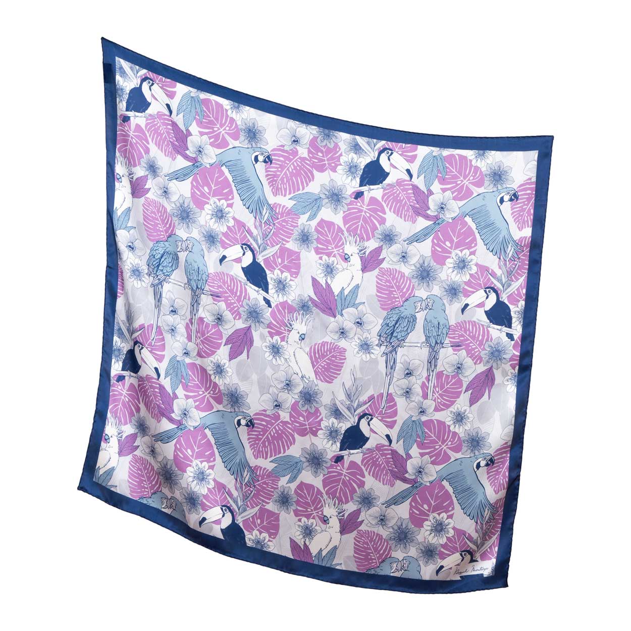 Pañuelo de seda cuadrado grande con print tropical en tonos morados y azules