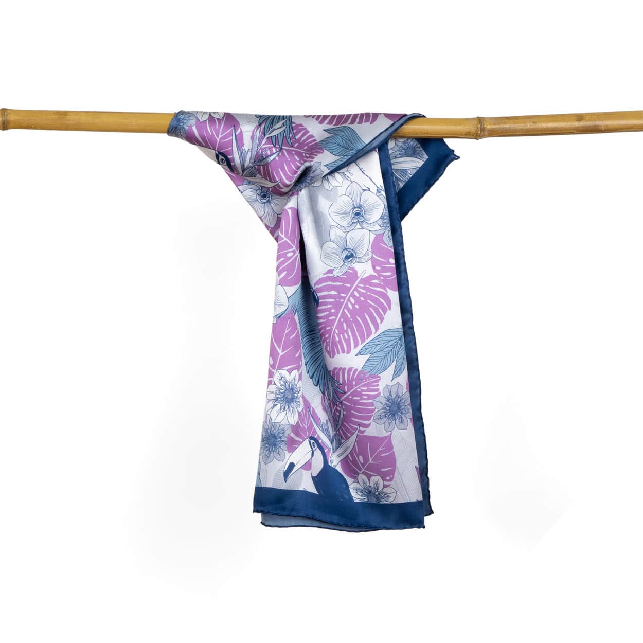 Pañuelo de seda con print tropical en tonos morados y azules