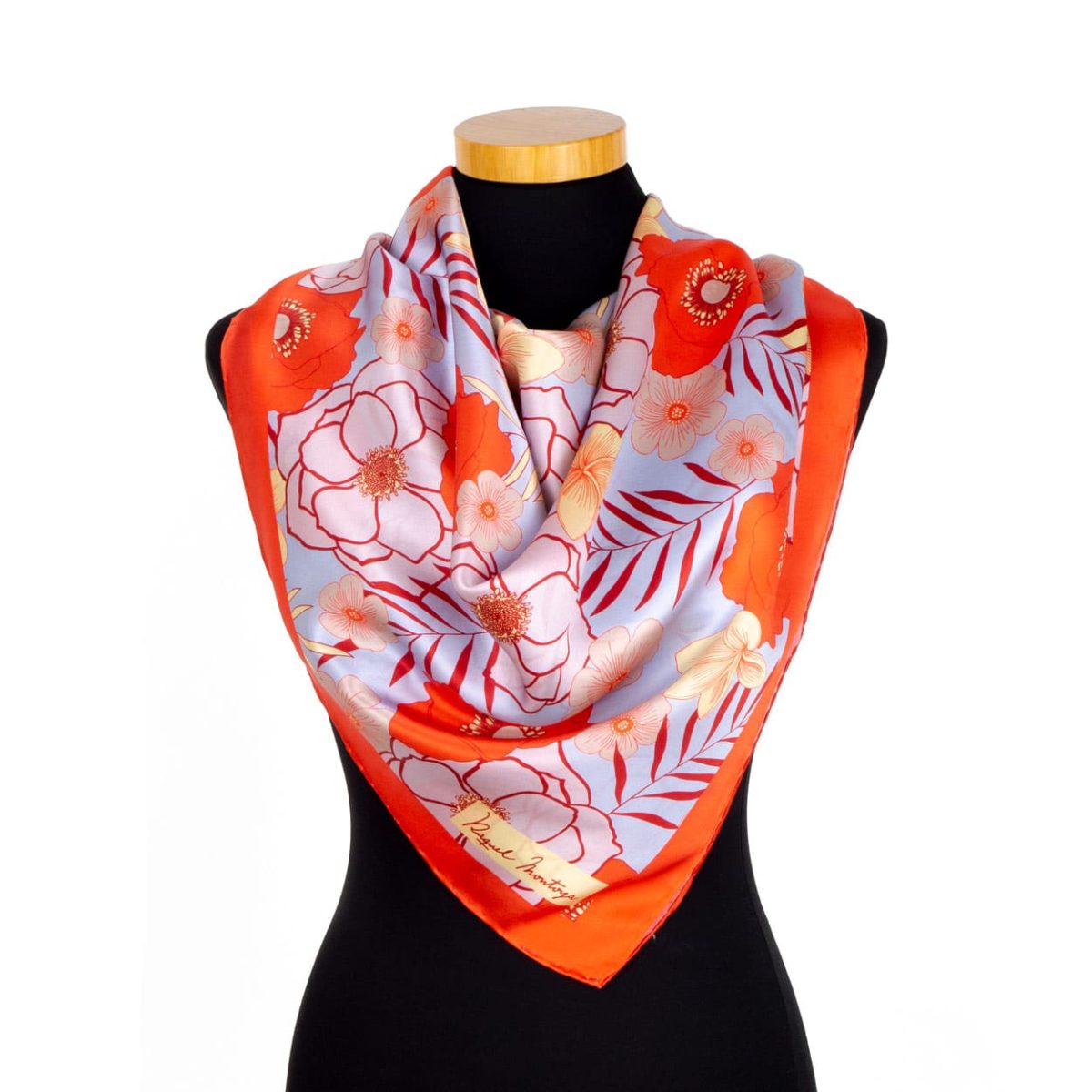 Large square silk scarf with red and light blue flowers