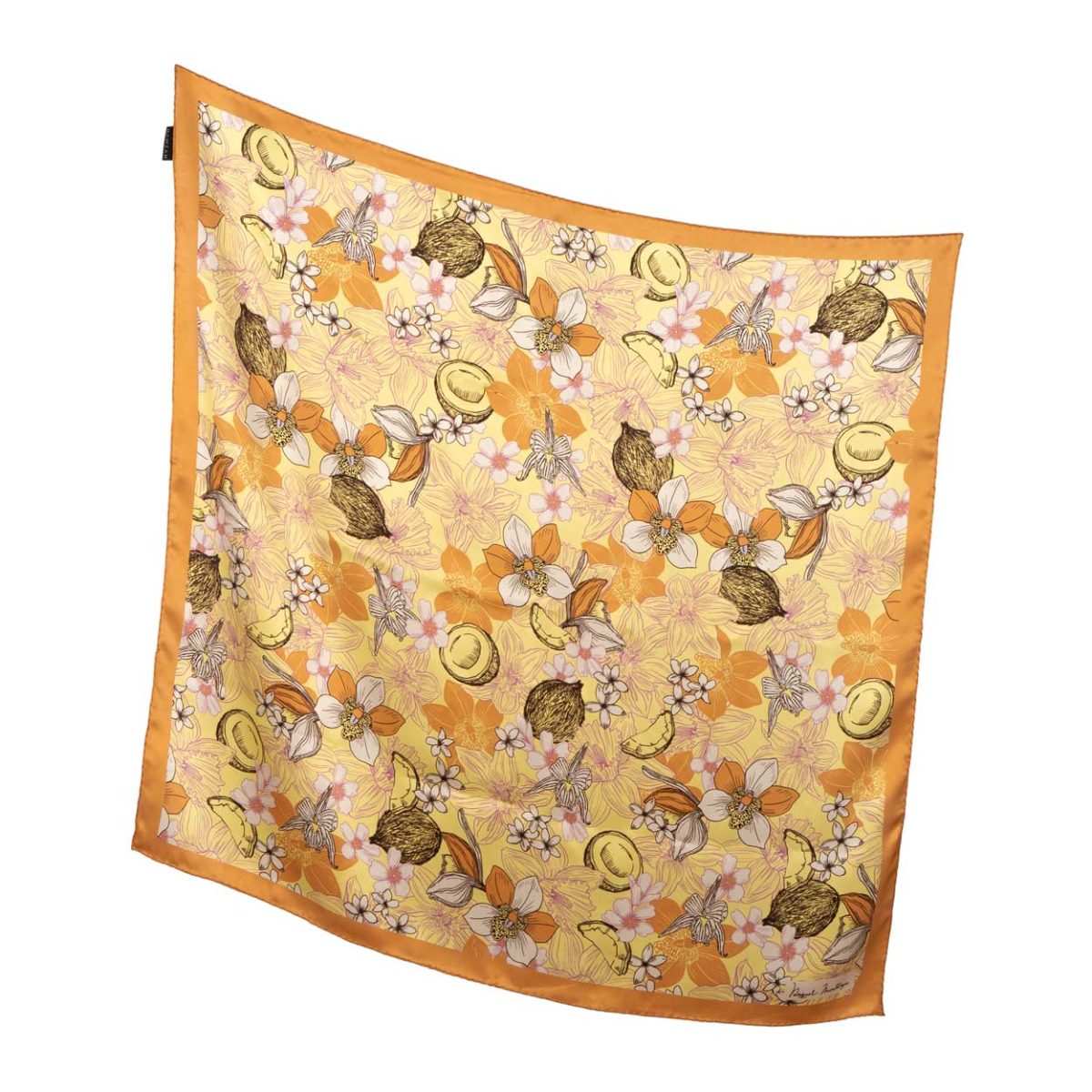 Large square silk scarf with floral print in mustard shades