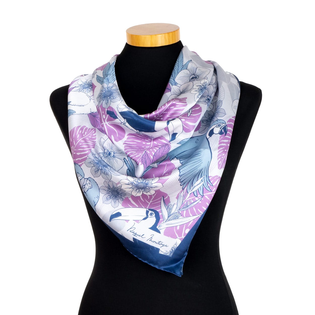 Women's square silk scarf blue and purple with tropical print