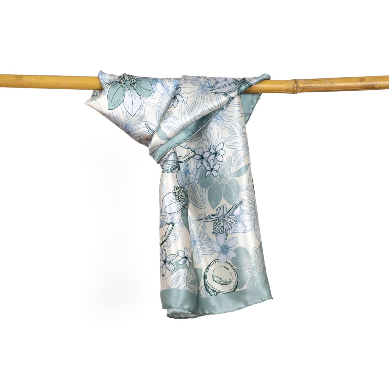 Pañuelo de seda cuadrado para mujer de color celeste con estampado de flores y cocos