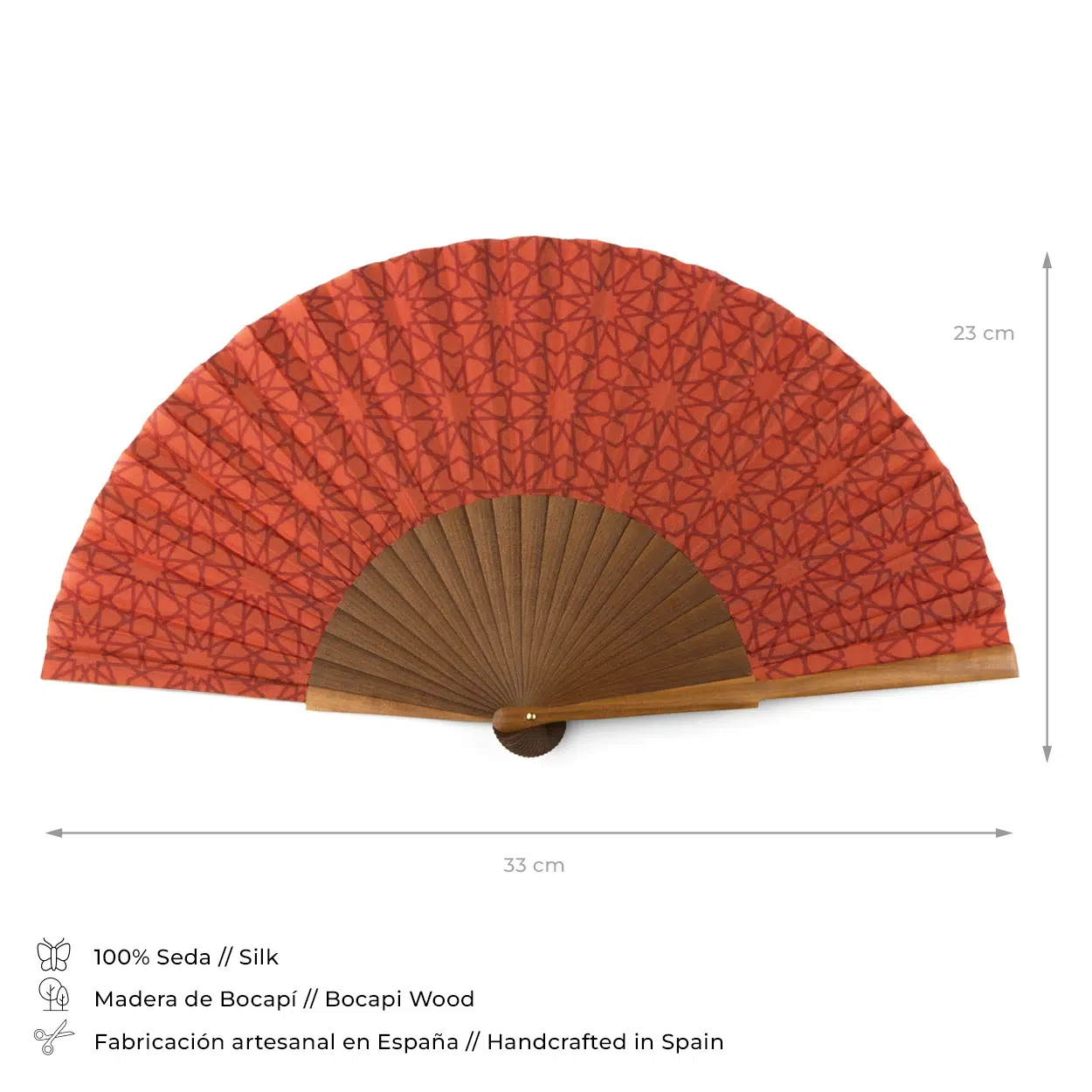 Red Silk Fan with Dark Wood and Print Inspired by Islamic Art.