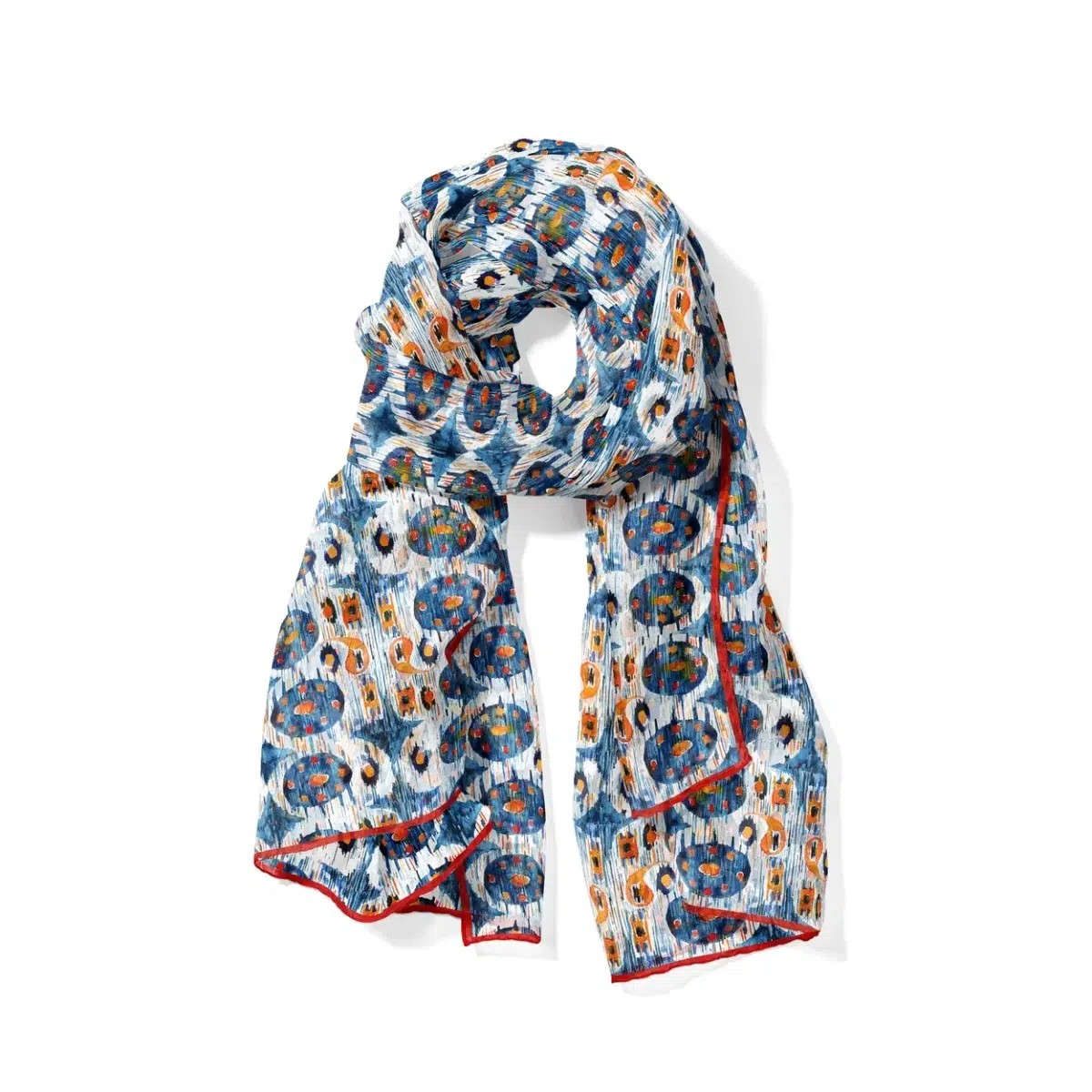 Blue and white silk scarf with Ikat Bulan print