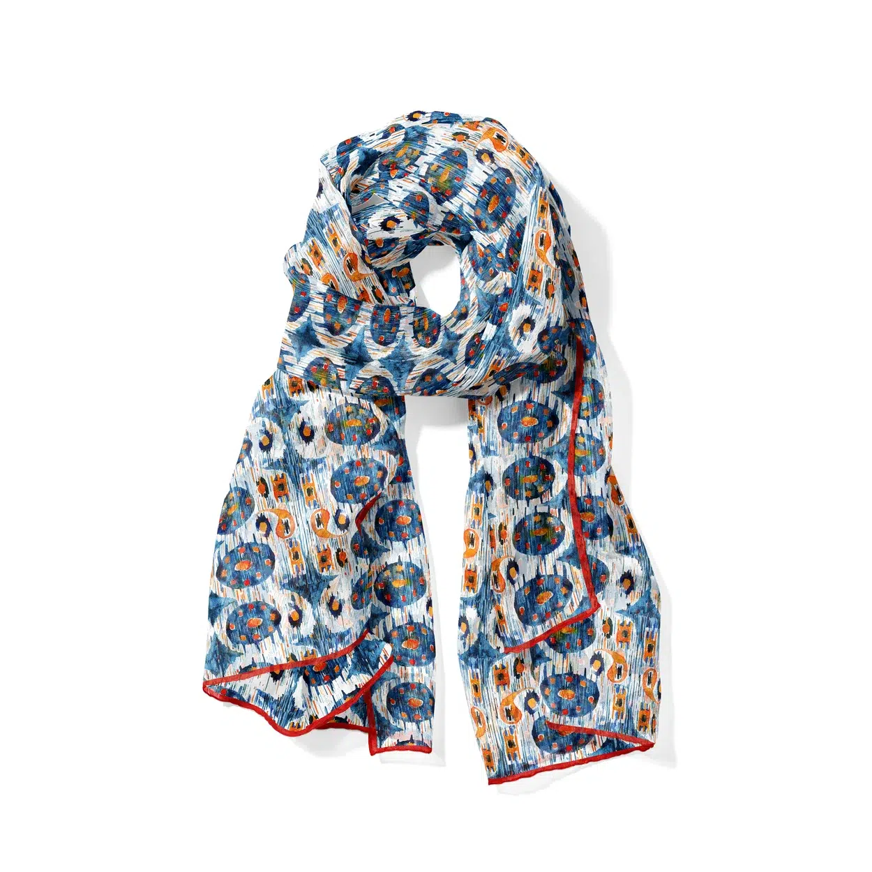 Blue and white silk scarf with Ikat Bulan print