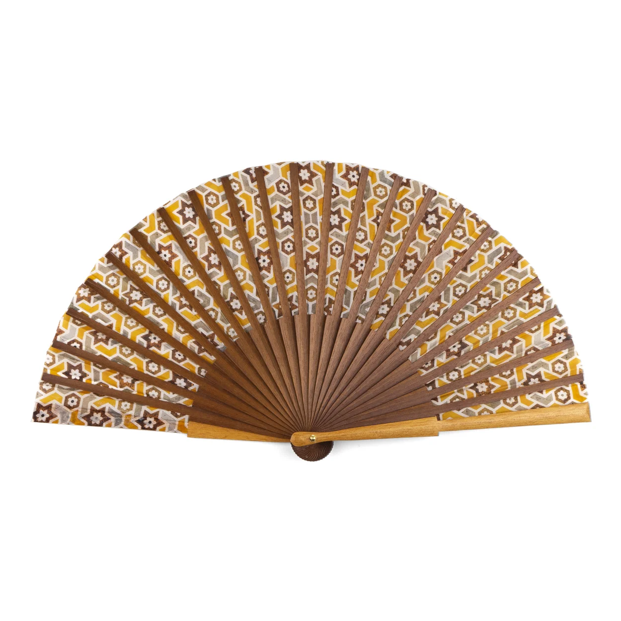 Brown silk hand fan and wood with islamic art inspired print