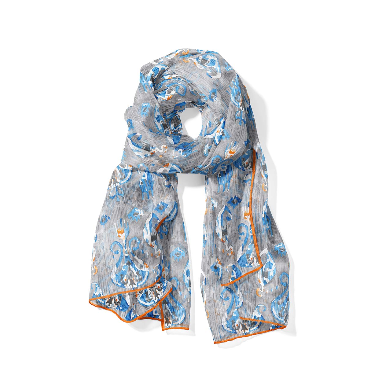 Grey Silk Scarf with a Print Inspired by Indonesian Artistic Motifs
