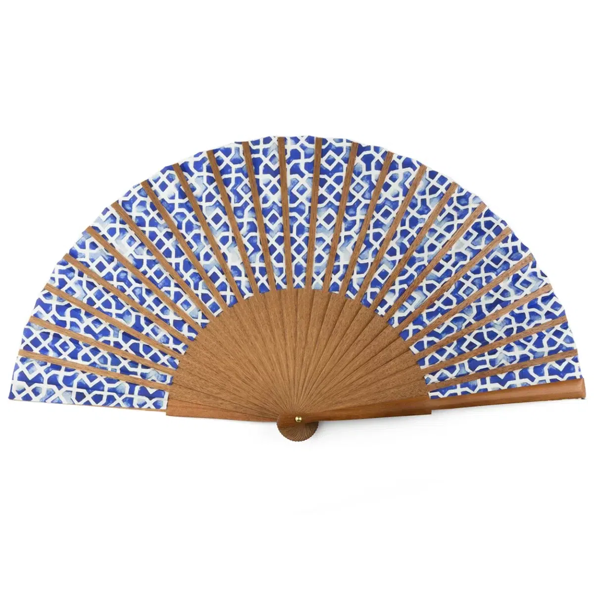 Rear side of a blue and white silk and wood fan.