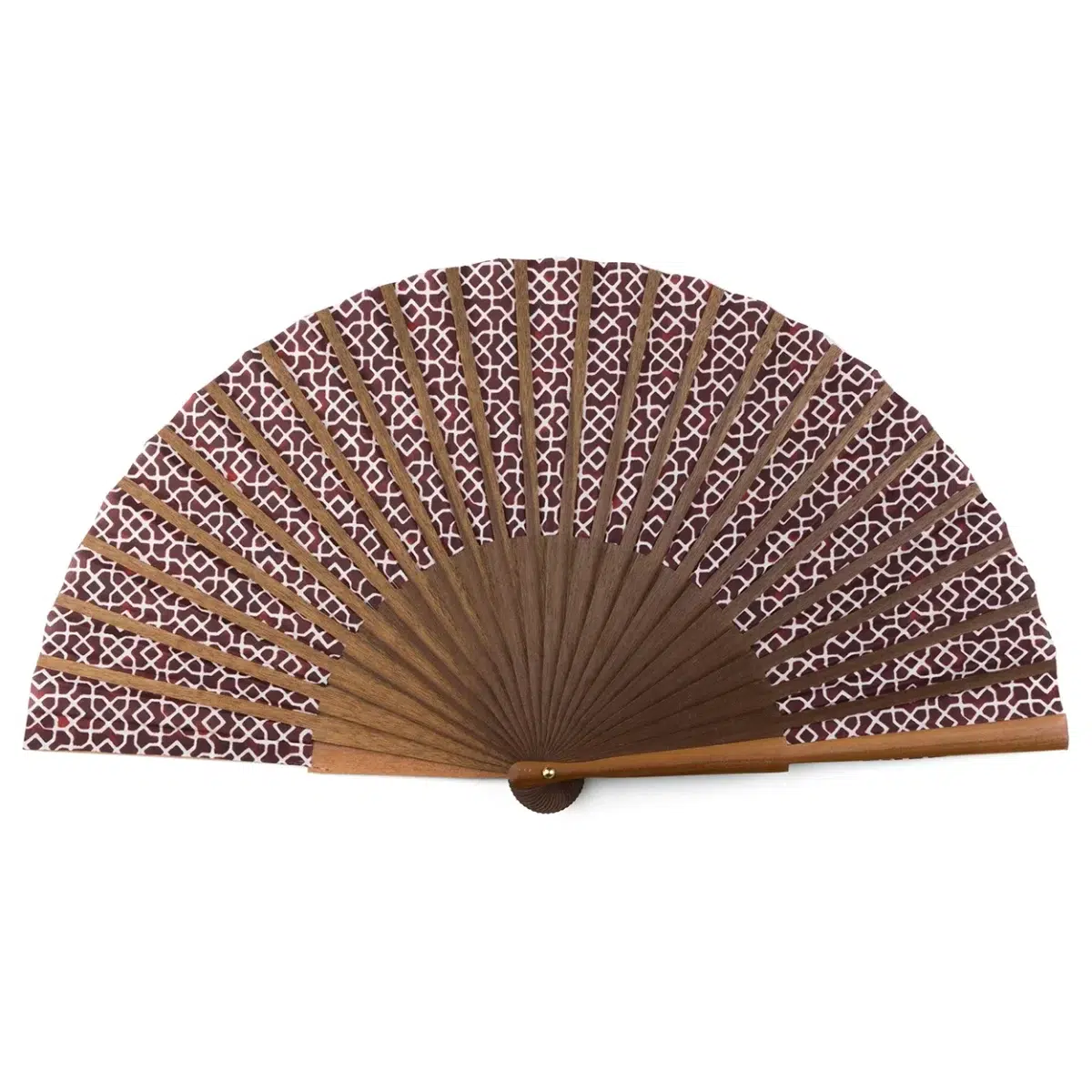 Silk and wood fan with red and white print on the back.