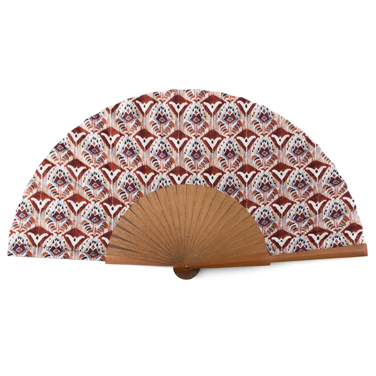 Handcrafted White and Red Silk Fan Made in Spain with Natural Bocapi Wood.
