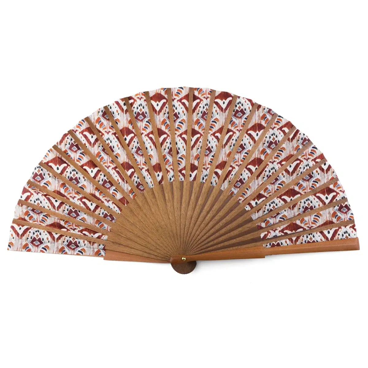 Silk and Wood Fan with White and Red Print Inspired by the Designs of Bali and Indonesia.