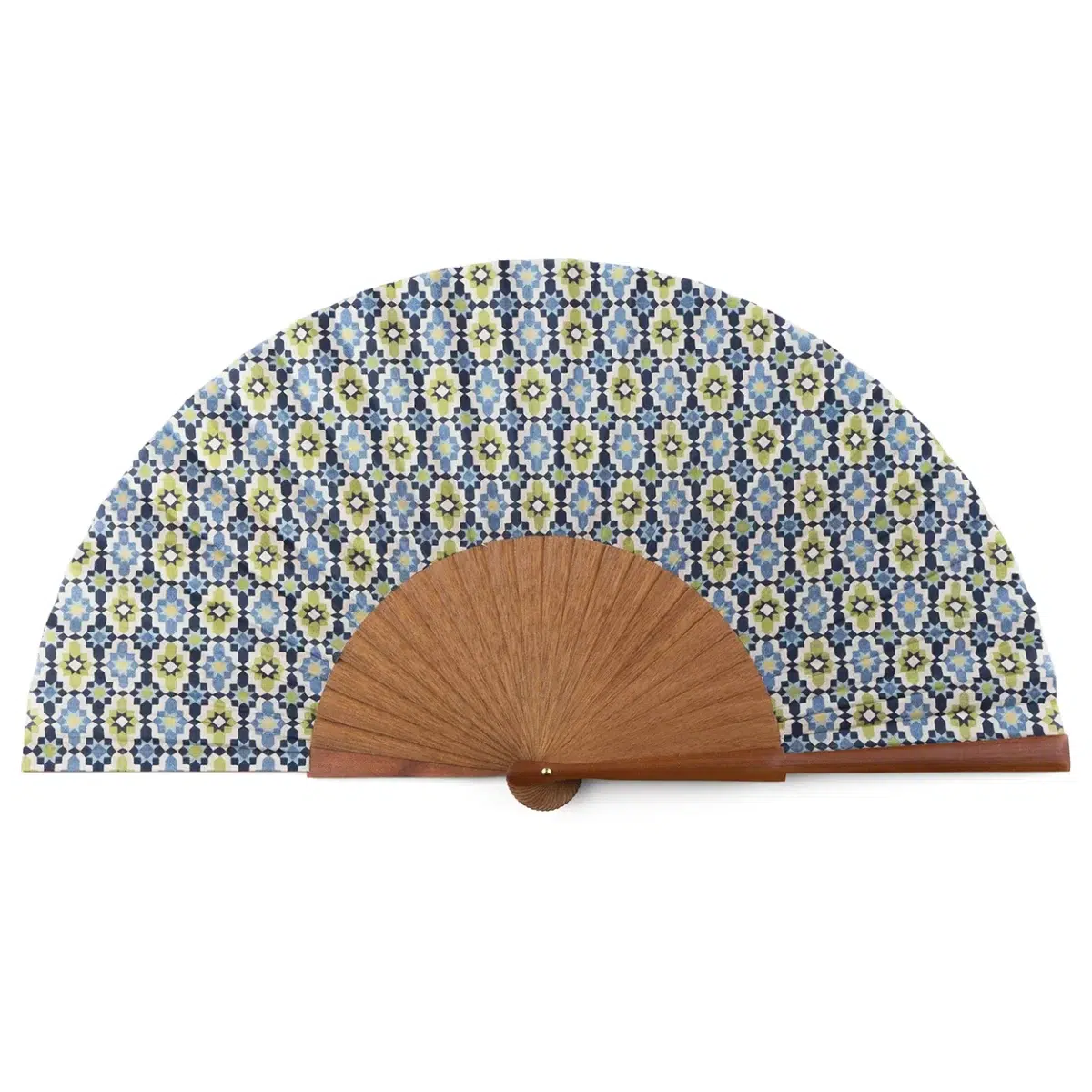 Silk and wood fan inspired by Moroccan mosaics.