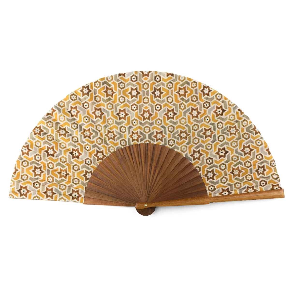 Silk fan with brown tones inspired by Moroccan geometries.