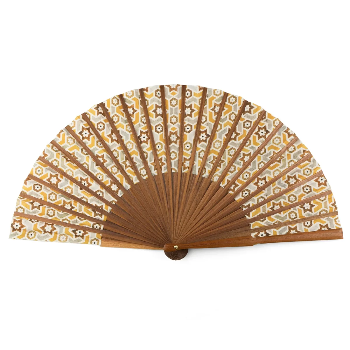 Silk and wood fan with a geometric Moroccan pattern in brown tones on the back.