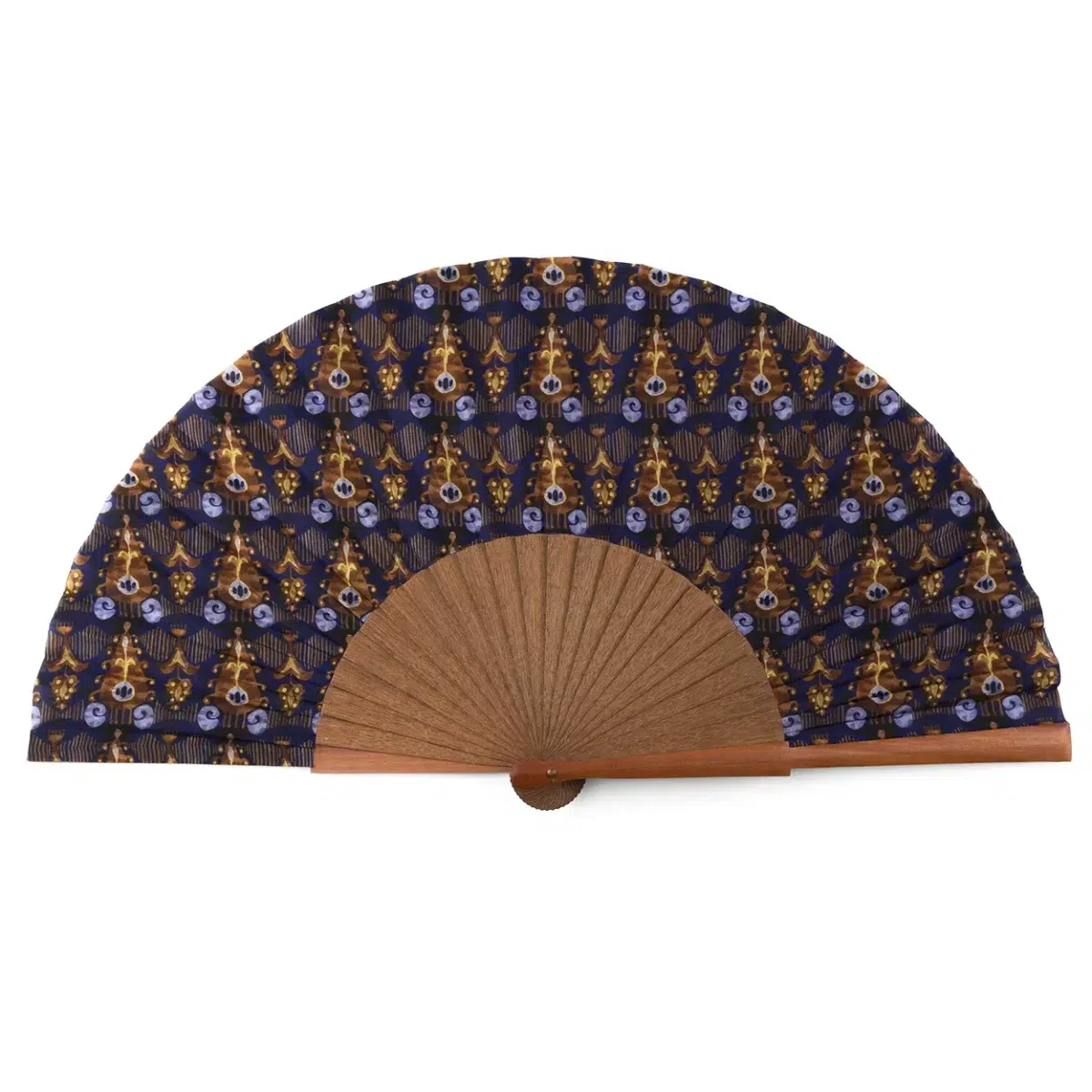Handcrafted Fan with Blue and Brown Print Inspired by Indonesian Culture.
