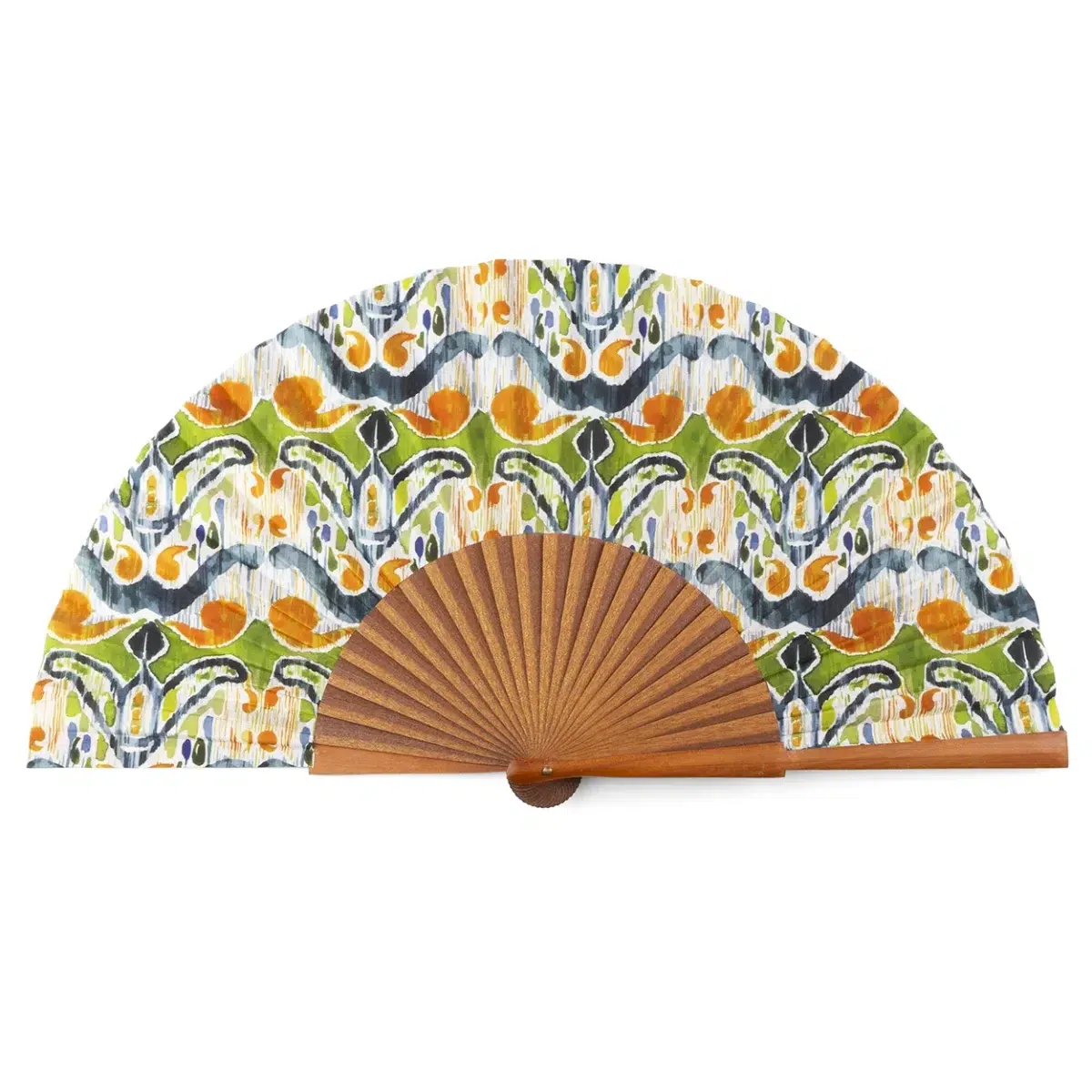 Handcrafted Silk Fan with Green, Orange, and Blue Tones