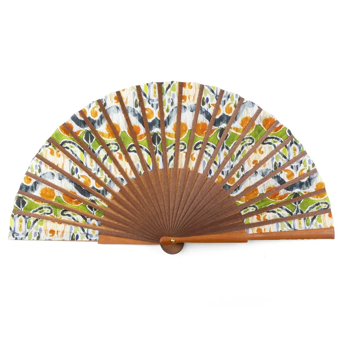 Handcrafted Silk and Wood Fan with Colorful Blue, Green, and Orange Print.