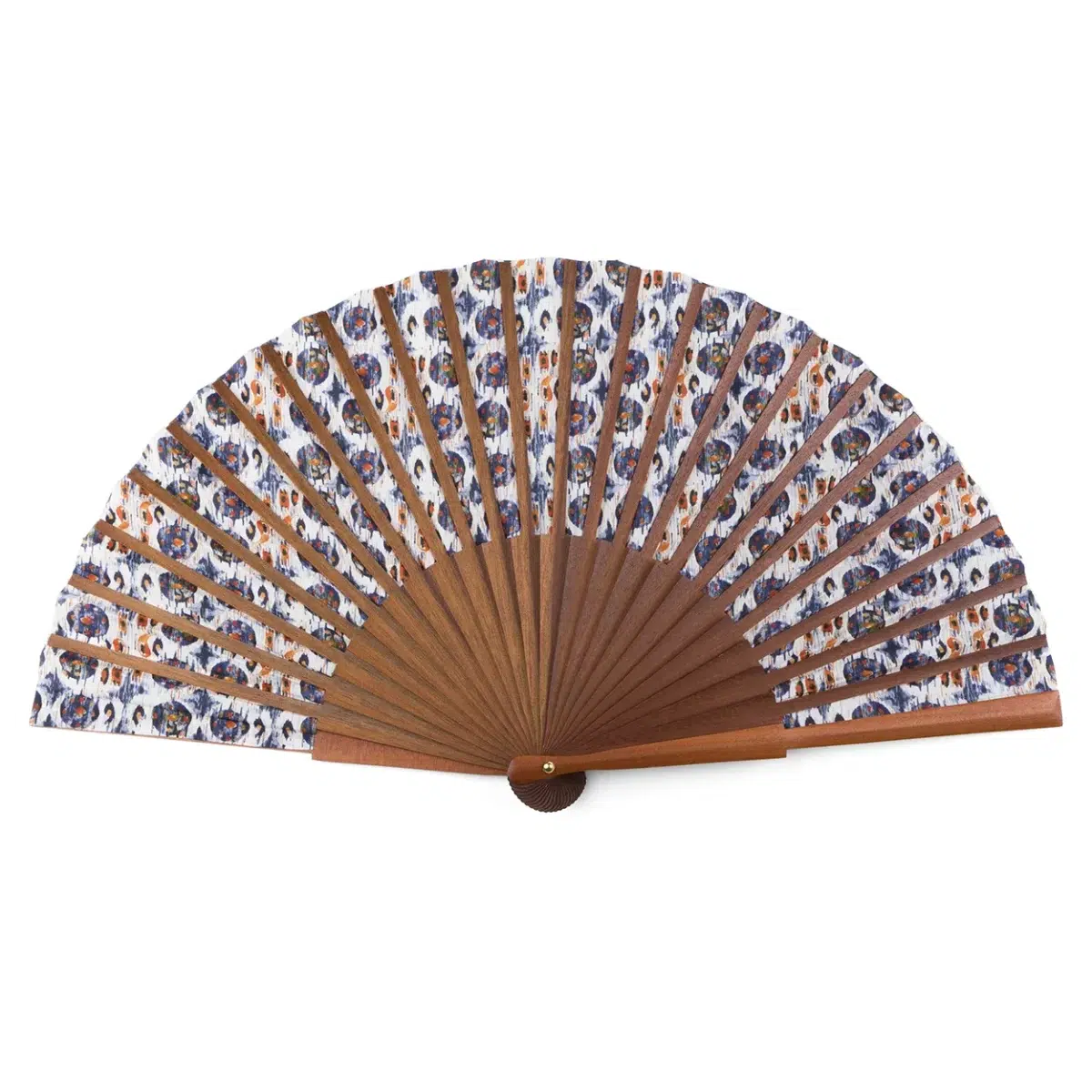 Backside of a Silk and Wood Fan with Blue and White Print.