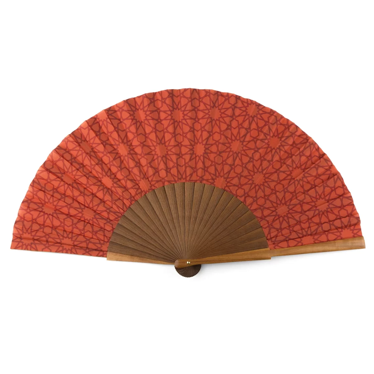 Red silk hand fan with bocapi wood inspired by the Arab mosaics of Al-Andalus.
