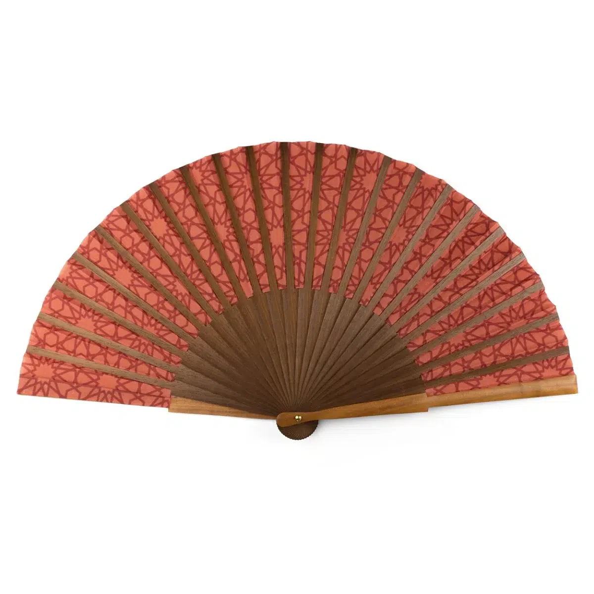 Red silk fan with wood, viewed from the back.
