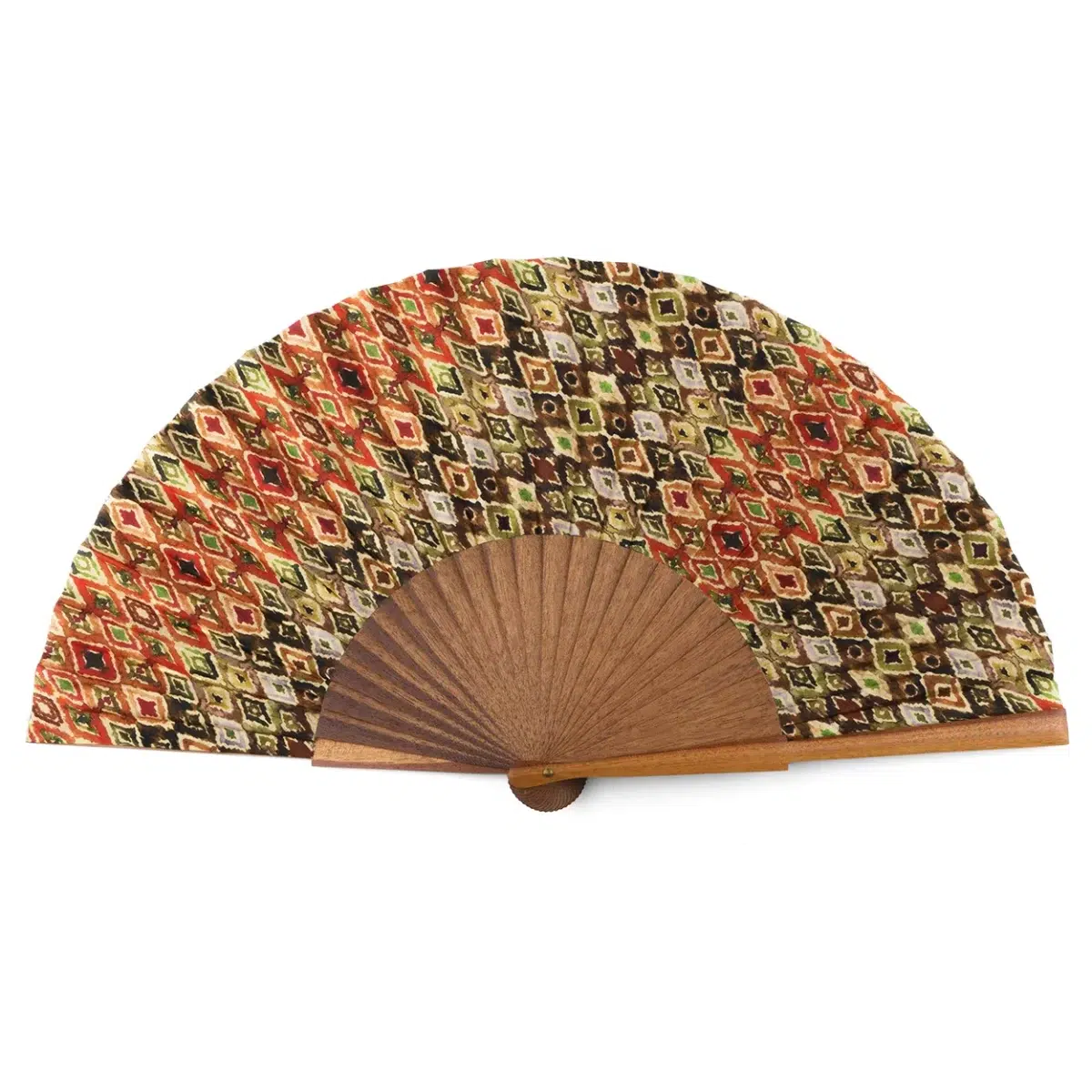 Multicolored Silk Fan with Abstract Print and Natural Wood Ribs.